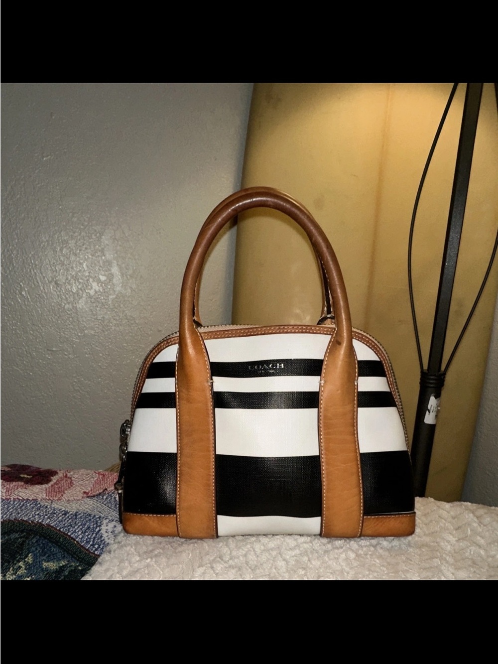 Coach Black, White & Tan Striped Dome Satchel
